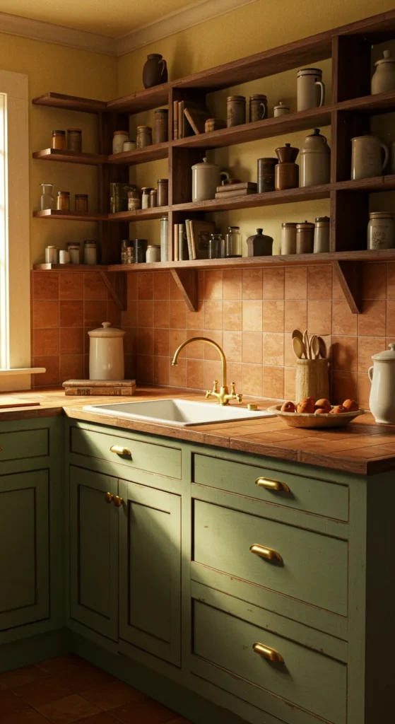 6 Vintage Kitchen Trends That Are Back in Style Sage green cabinets and terracotta tiles in a vintage kitchen