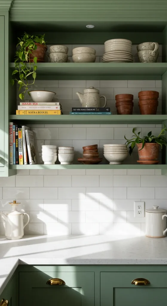 10 Sage Green Kitchen Ideas to Elevate Your Space Sage green open kitchen shelves with decor
