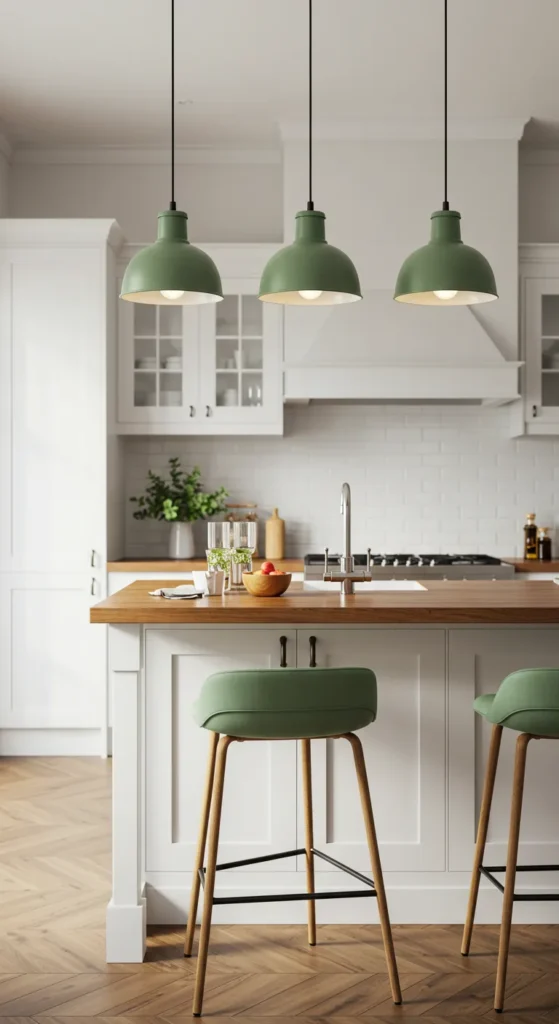 10 Sage Green Kitchen Ideas to Elevate Your Space Sage green pendant lights above kitchen island