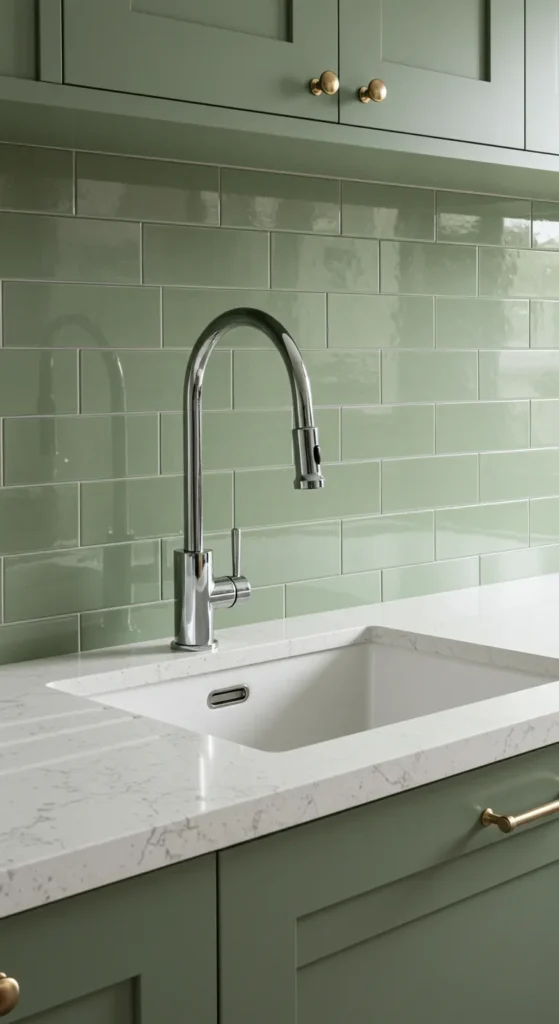 10 Sage Green Kitchen Ideas to Elevate Your Space Sage green subway tile backsplash in a modern kitchen