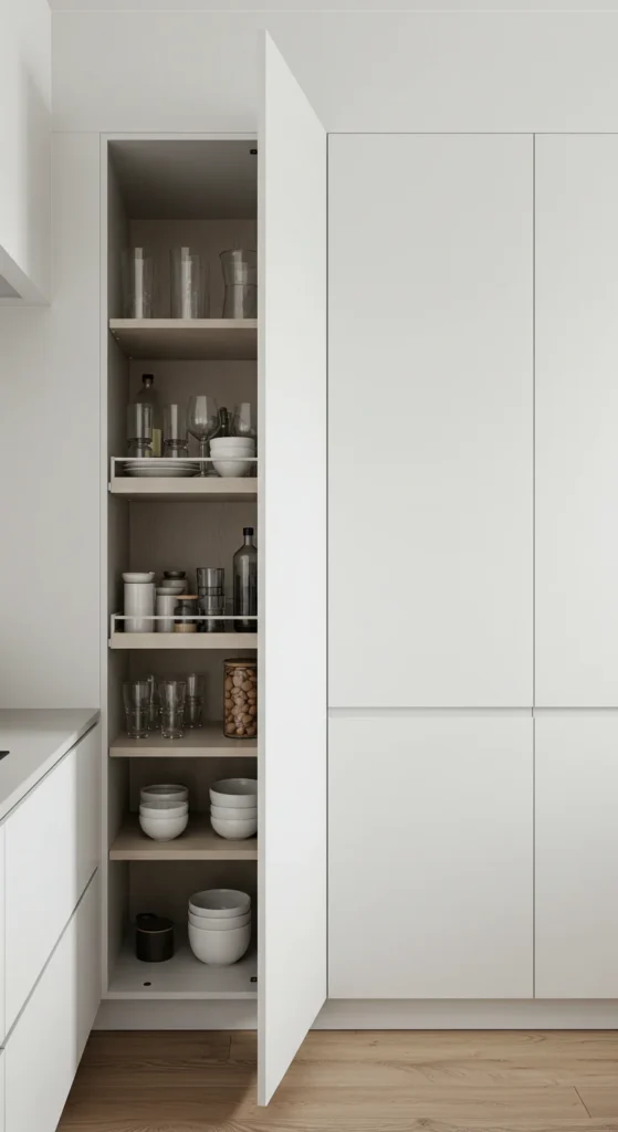 10 Kitchen Pantry Designs for a Clutter-Free Kitchen Seamless kitchen with hidden pantry door partially open