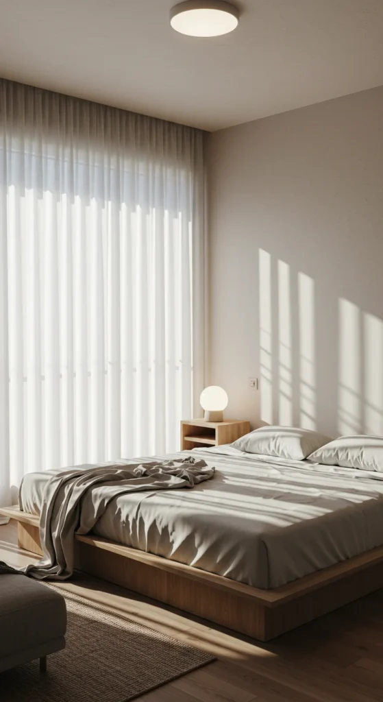 6 Minimalist Bedroom Ideas for a Calm, Serene Space Serene bedroom with layered lighting and abundant natural light