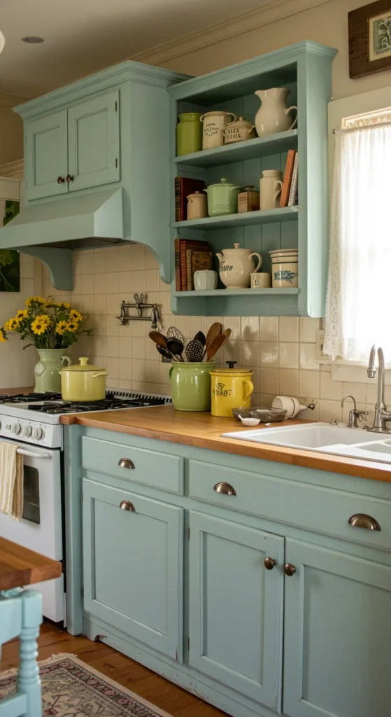 7 Blue Kitchen Ideas to Inspire a Cabinet Refresh Sky blue cabinets in a vintage-style kitchen with pastel accents