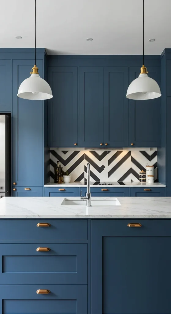 7 Blue Kitchen Ideas to Inspire a Cabinet Refresh Slate blue minimalist cabinets with marble and geometric backsplash