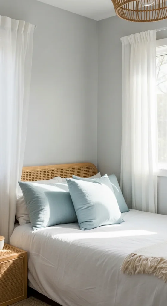 Small bedroom with light colors for a bright, airy feel