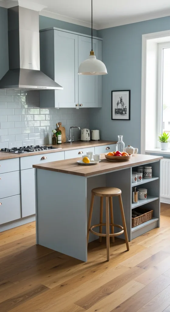 7 Small Kitchen Decor Ideas That Don’t Skip On Style Small kitchen island with built-in storage and stackable stools