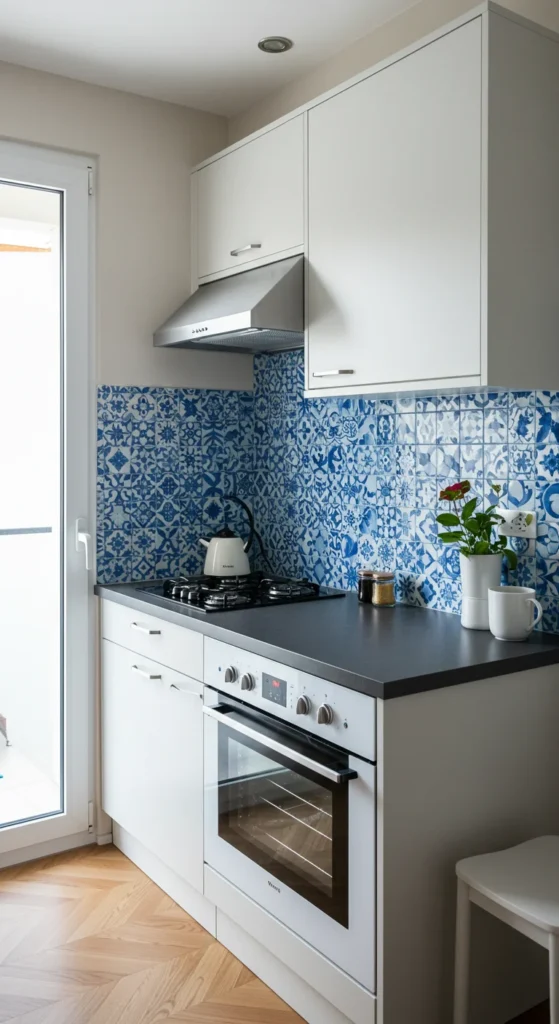 6 Mini Kitchen Design Ideas That Maximize Small Spaces Small kitchen with colorful mosaic tile backsplash