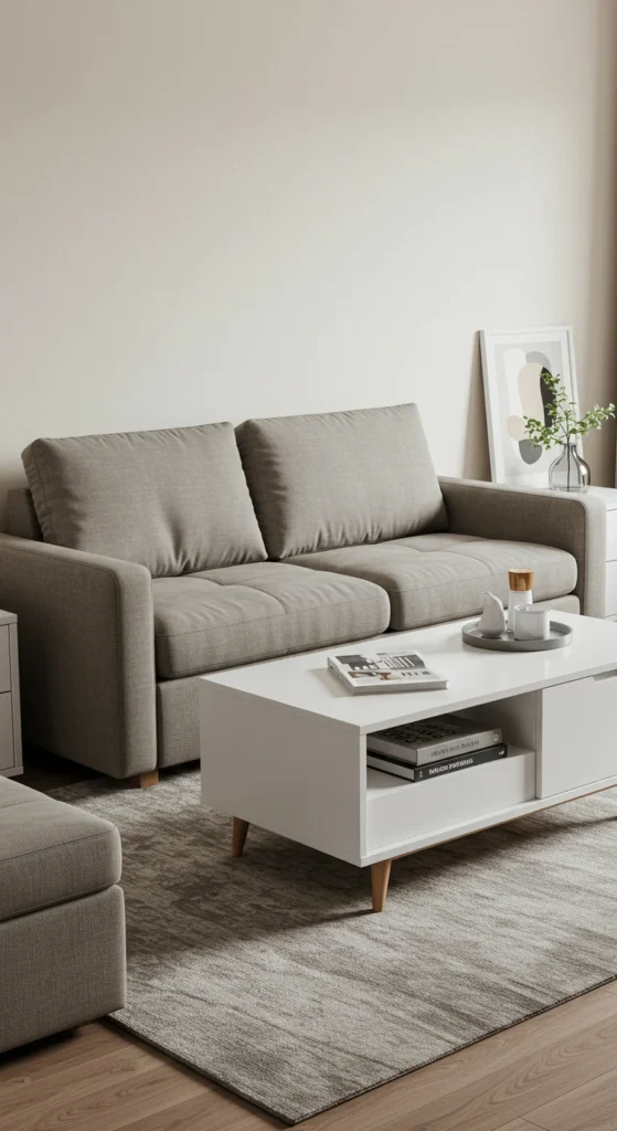 8 Living Room Interior Design Trends Small living room with multifunctional furniture pieces