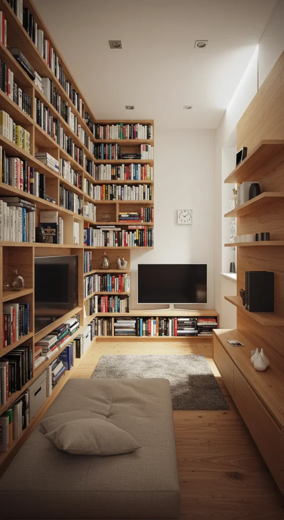 8 Living Room Interior Design Trends Small living room with vertical wall-mounted storage