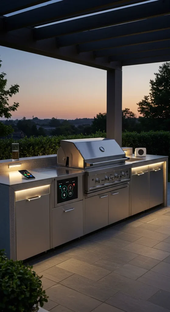9 Inspiring Backyard Kitchen Ideas You'll Love Smart outdoor kitchen with Wi-Fi grill and ambient lighting