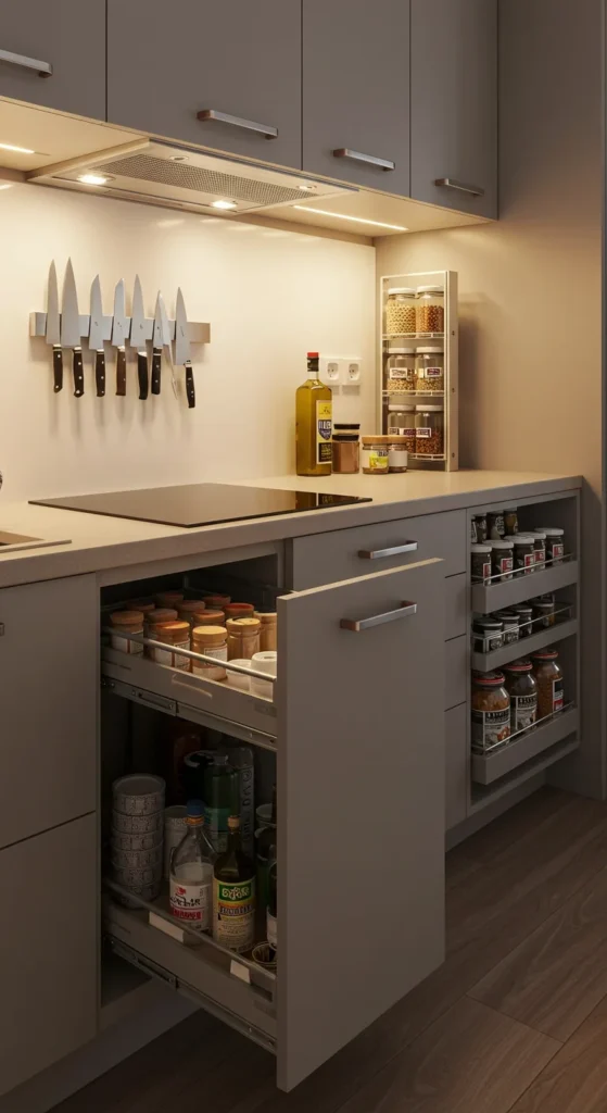 6 Tiny Kitchen Ideas Perfect for Small Minimalist Spaces Smart storage ideas with pull-out drawers and wall-mounted magnets