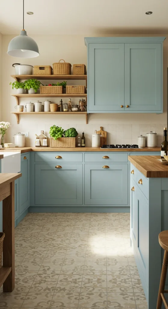 7 Blue Kitchen Ideas to Inspire a Cabinet Refresh Soft sky blue kitchen cabinets with wooden counters and light tiles