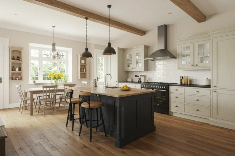Spacious L-shaped kitchen with a central island under warm lighting