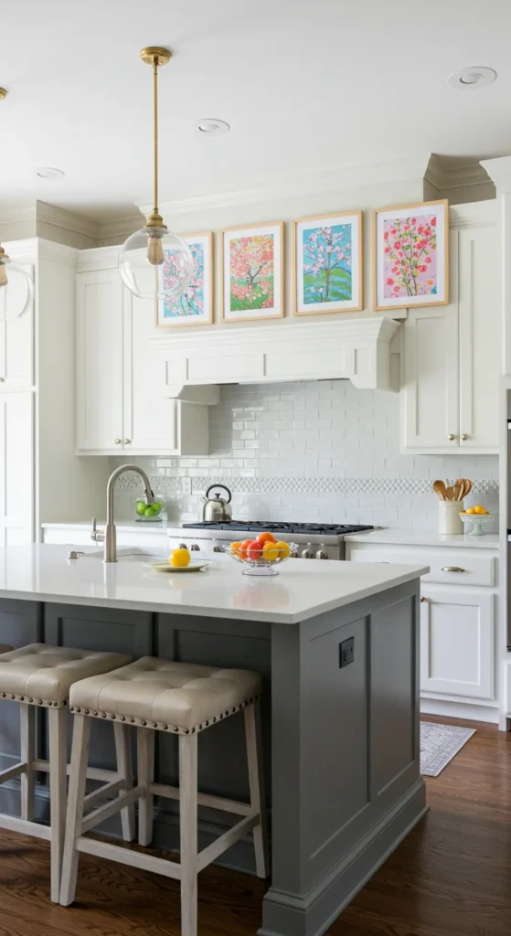 6 Spring Kitchen Island Decor Ideas to Refresh Your Space Spring artwork and chalkboard decor above kitchen island
