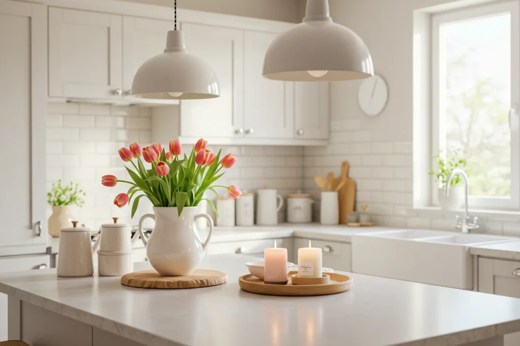 Home - Home decor Spring-decorated kitchen island with flowers and pastel accents