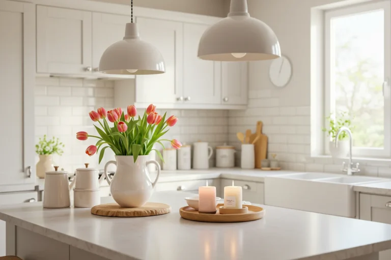 Spring-decorated kitchen island with flowers and pastel accents
