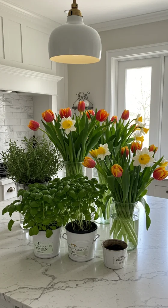 6 Spring Kitchen Island Decor Ideas to Refresh Your Space Spring flowers and herbs on a sunlit kitchen island