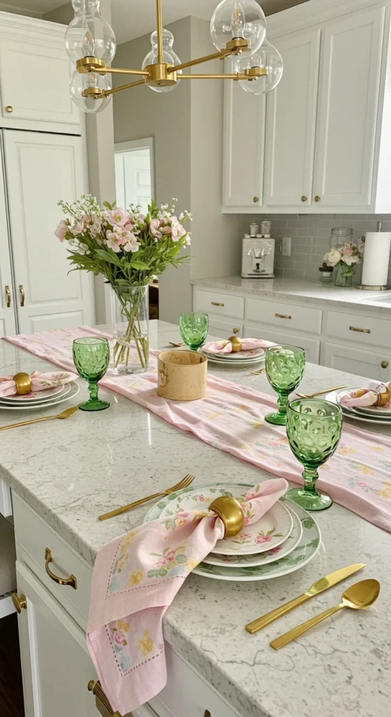 6 Spring Kitchen Island Decor Ideas to Refresh Your Space Spring table setting on a kitchen island with floral accents
