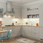 Stylish modular kitchen with open shelves, lights, and decor