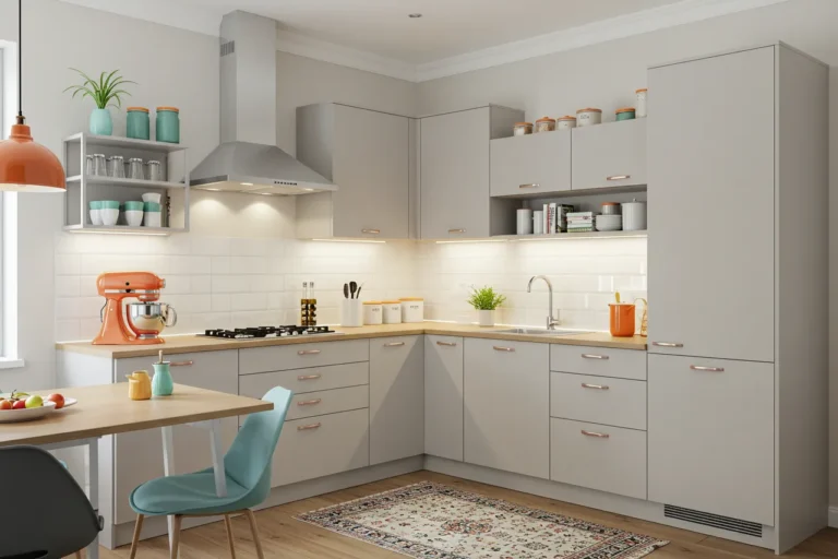 Stylish modular kitchen with open shelves, lights, and decor