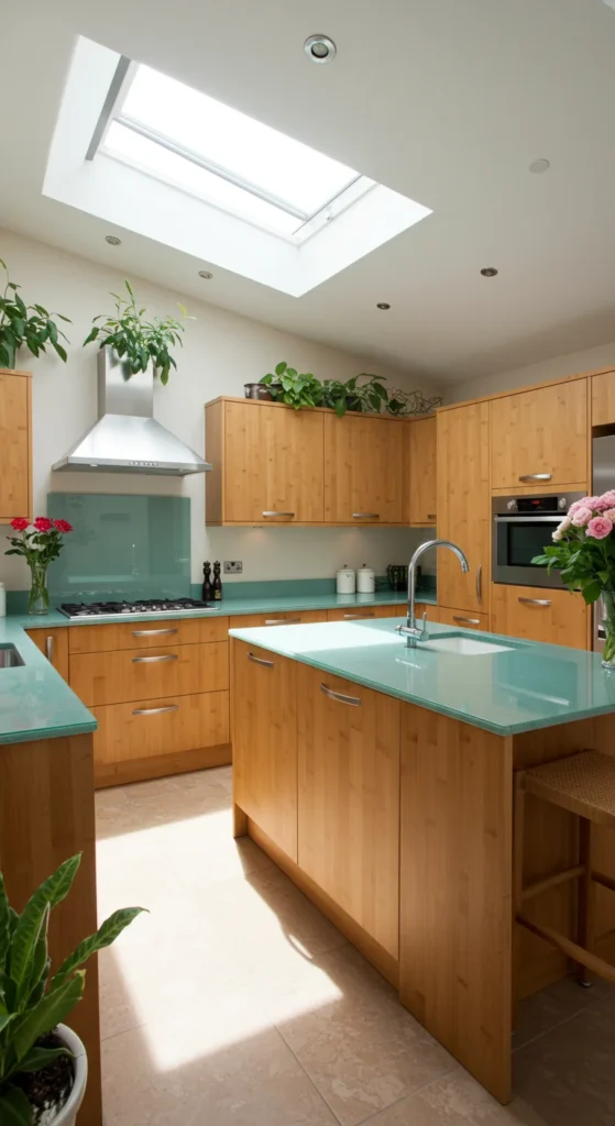 6 Innovative L-Shaped Kitchens with Island Concepts Sustainable L-shaped kitchen with bamboo island and skylight