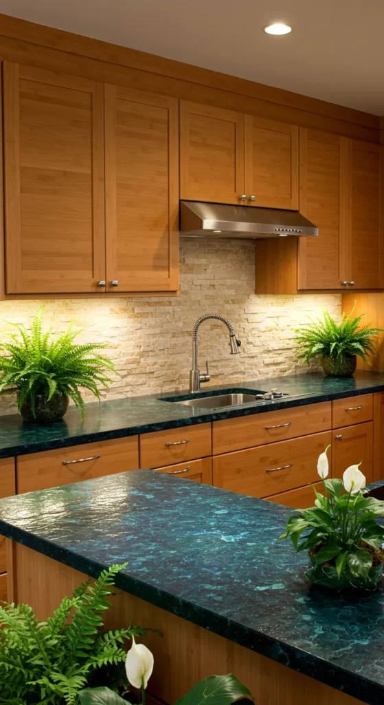 Sustainable kitchen with bamboo cabinets and glass countertop