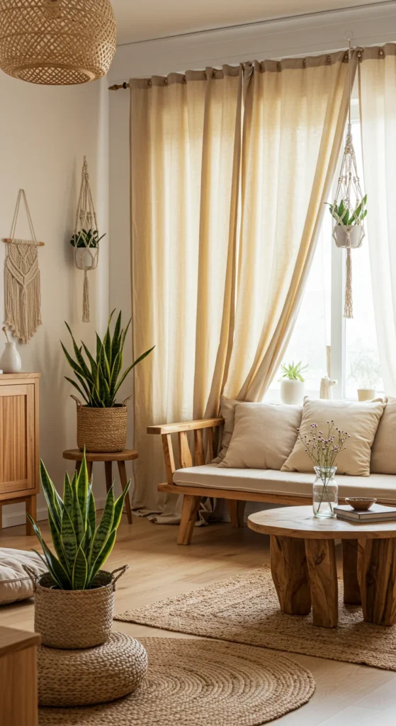 7 Cozy Living Room Curtain Ideas to Elevate Your Space Sustainable living room with organic cotton curtains and plants