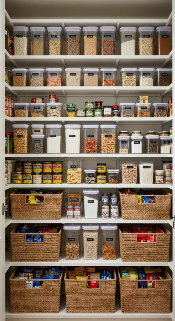 10 Kitchen Pantry Designs for a Clutter-Free Kitchen Tall vertical pantry with organized shelves and baskets
