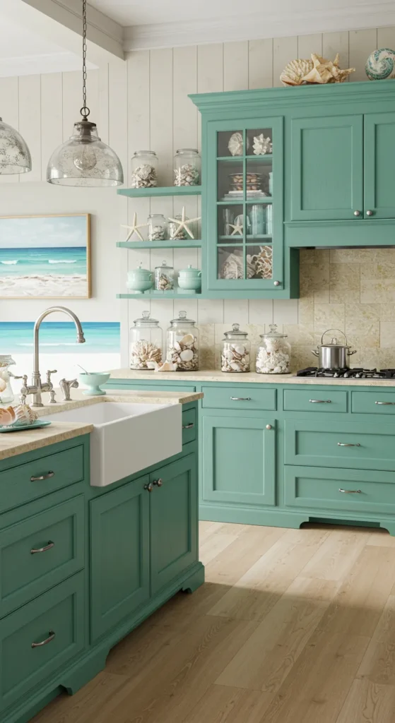 7 Green Kitchen Cabinet Ideas You’ll Want to Copy Teal green cabinets in a beach-style kitchen setting
