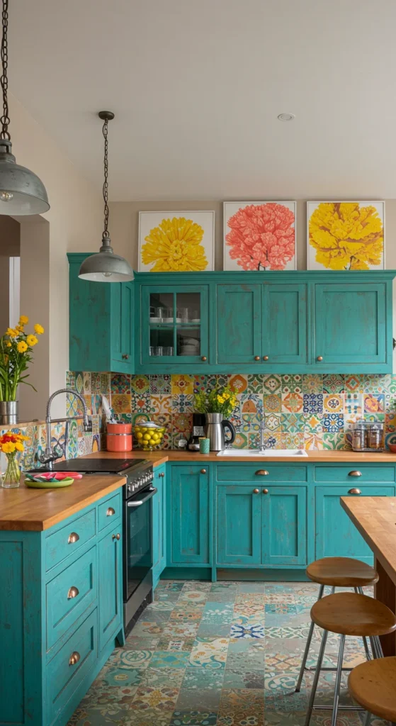 7 Blue Kitchen Ideas to Inspire a Cabinet Refresh Teal kitchen cabinets with colorful decor and artsy backsplash