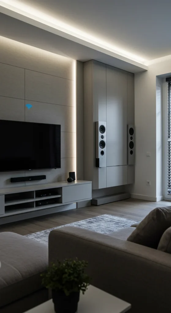 8 Living Room Interior Design Trends Tech-integrated small living room with smart features