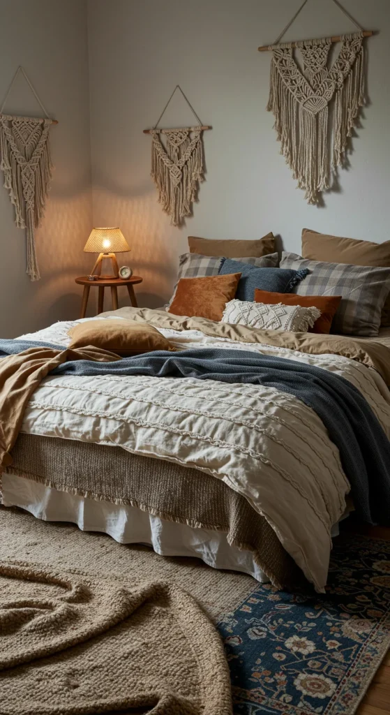 6 Boho Bedroom Decor Ideas to Transform Your Space Textured boho bedroom with layered rugs and mixed fabric bedding