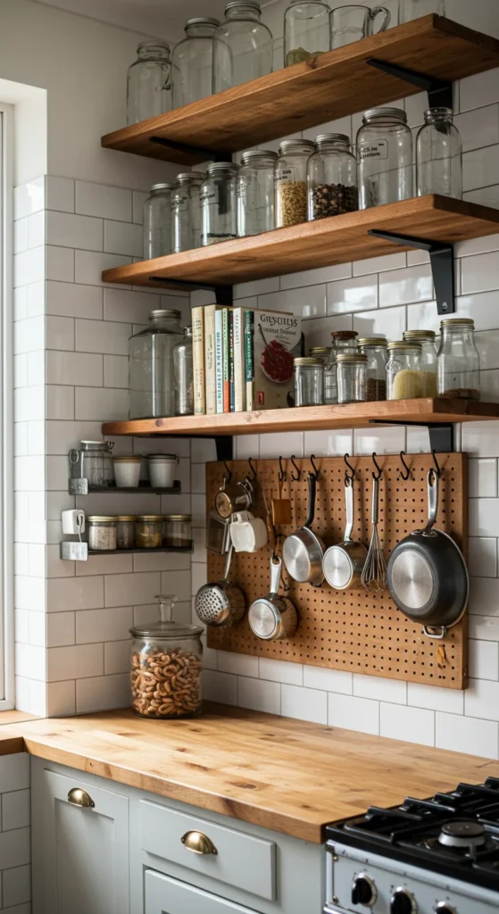 6 Tiny Kitchen Ideas Perfect for Small Minimalist Spaces Tiny kitchen using wall-mounted shelves and pegboard for storage