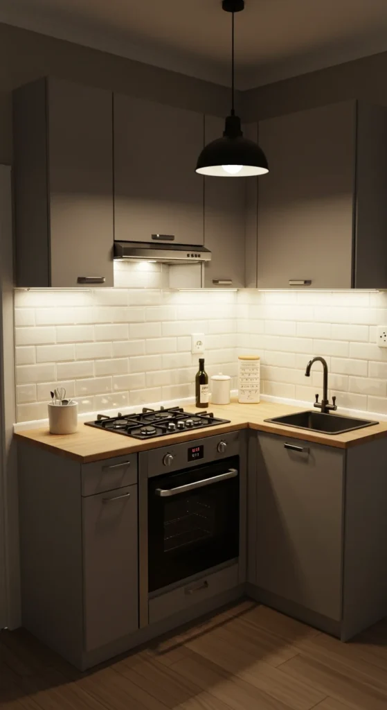 6 Mini Kitchen Design Ideas That Maximize Small Spaces Tiny kitchen with layered lighting for function and style