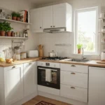 Tiny kitchen with smart storage, compact appliances, and open shelves