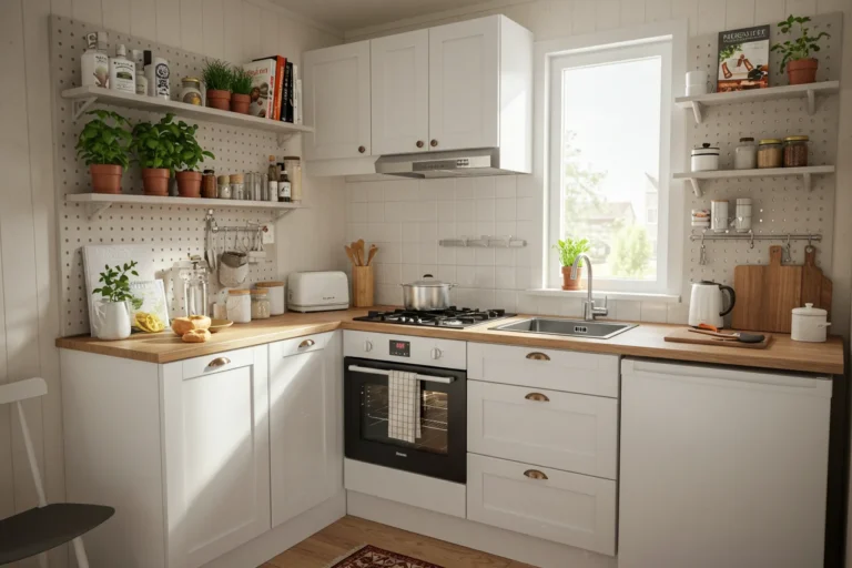 Tiny kitchen with smart storage, compact appliances, and open shelves