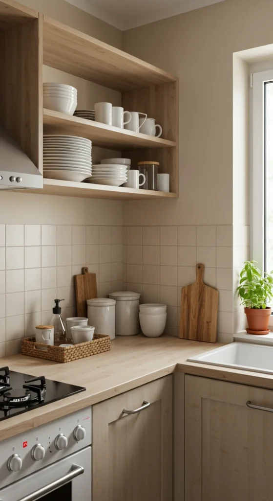 6 Tiny Kitchen Ideas Perfect for Small Minimalist Spaces Tiny kitchen with stylish open shelving and neatly displayed dishes