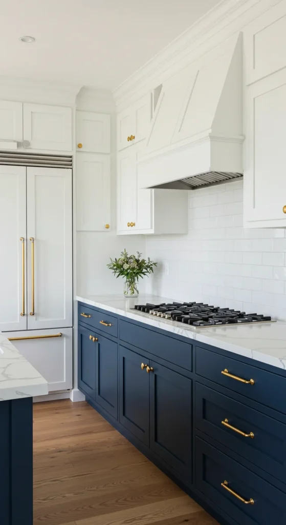 9 Stylish Modern Kitchen Cabinet Designs We Love Two-tone kitchen cabinets in white and navy blue with gold handles