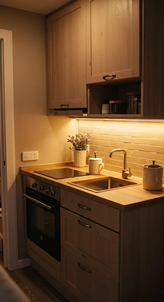 10 Creative Mini Kitchen Ideas for Small Spaces Under-cabinet lights brighten small kitchen workspace