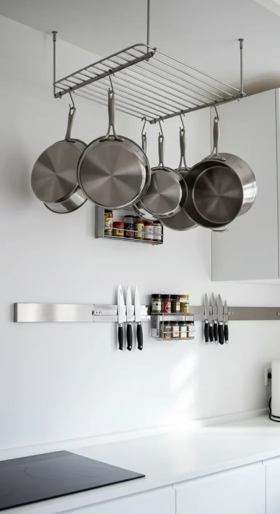 8 Minimalist Kitchen Organization Ideas For A Chic Space Vertical kitchen storage with hanging pots and racks