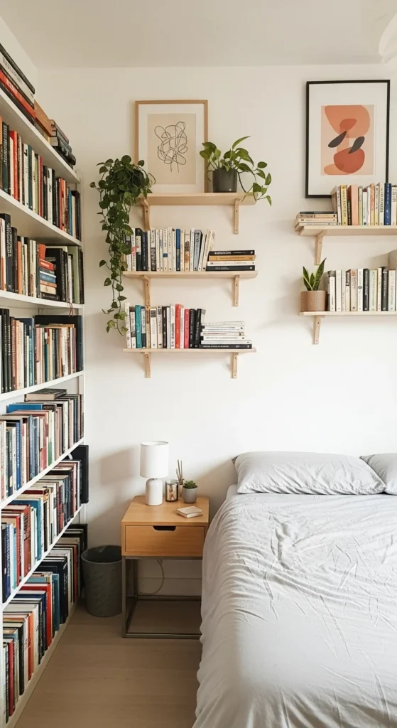 Vertical shelves and decor maximize space in a small bedroom