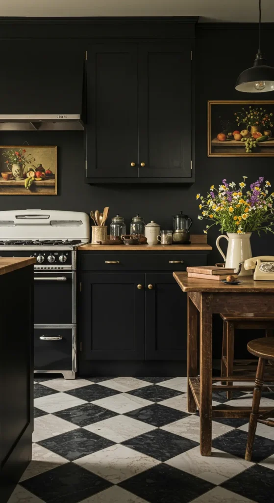 8 Stunning Black Kitchen Ideas That Ooze Chic Style Vintage kitchen with black shaker cabinets and brass fixtures
