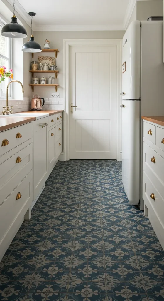 7 Trendy Kitchen Tile Ideas for a Stylish Update Vintage kitchen with patterned floor tiles and retro decor