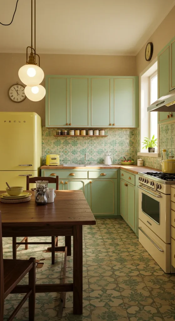 9 Kitchen Aesthetic Ideas That Will Instantly Transform Your Space Vintage kitchen with patterned tiles and retro decor