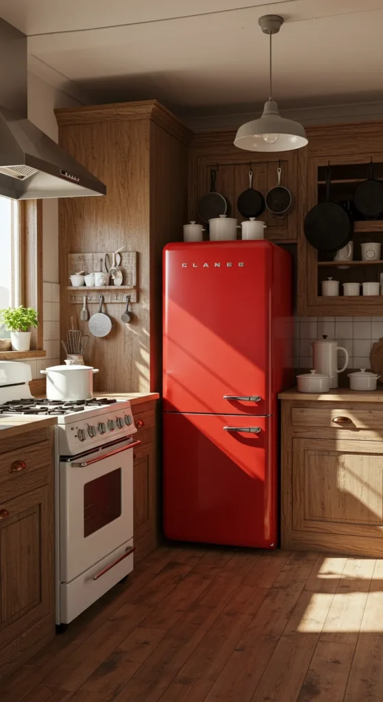6 Cozy Country Kitchen Tips for a Rustic Makeover Vintage-style red fridge in a cozy country kitchen