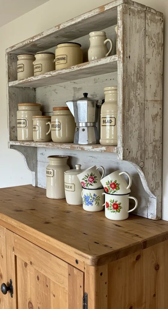 8 Kitchen Shelving Ideas for Stylish Storage Vintage wooden shelf with rustic kitchenware and decor