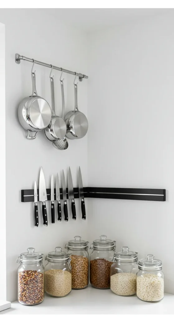7 Small Kitchen Decor Ideas That Don’t Skip On Style Wall-mounted kitchen tools and jars used as decor in a small kitchen