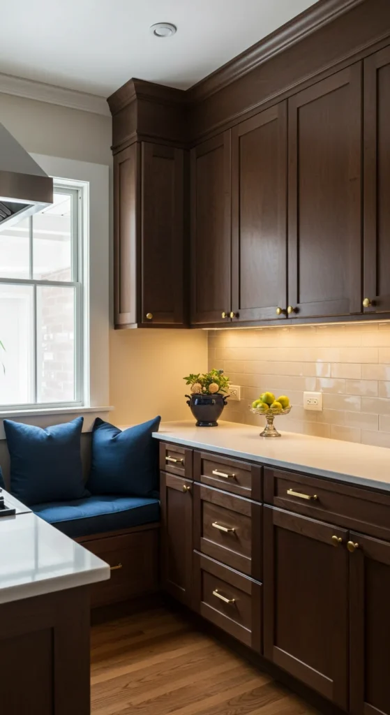 Warm dark kitchen with walnut cabinets and glowing lighting