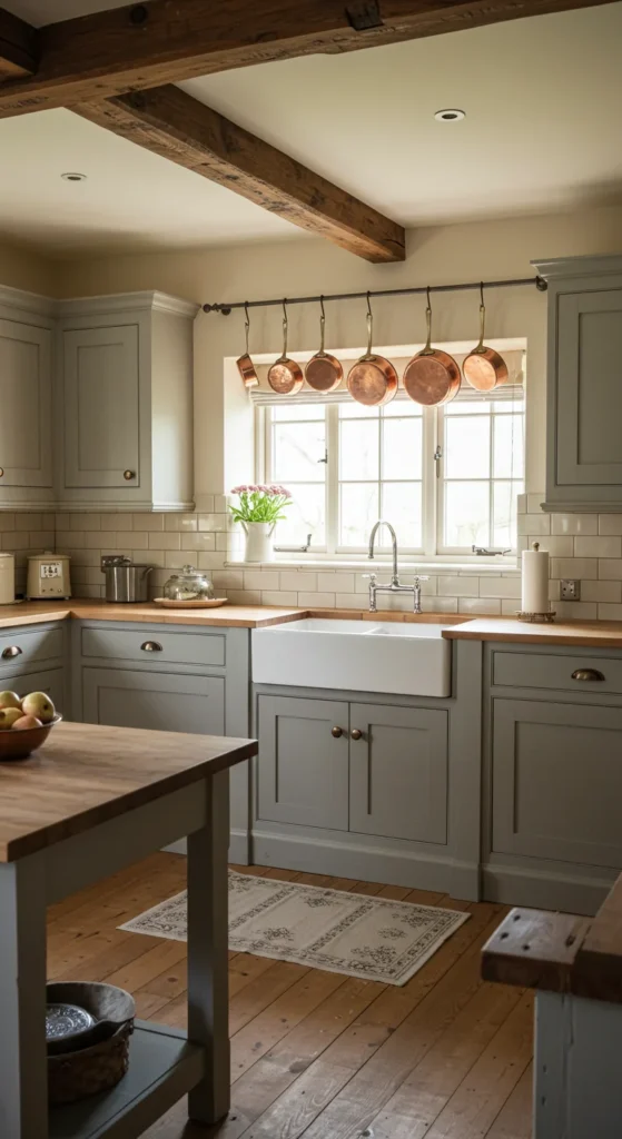 7 Beautiful Grey Kitchen Cabinet Paint Colors Warm grey cabinets in a cozy farmhouse kitchen