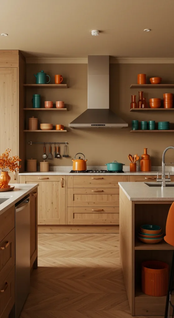 8 Warm Color Palettes for Apartment Kitchens Warm neutral kitchen with bold accent colors